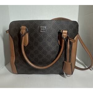 Nine West Satchel Handbag Brown Monogram Faux Leather Top Handle Crossbody